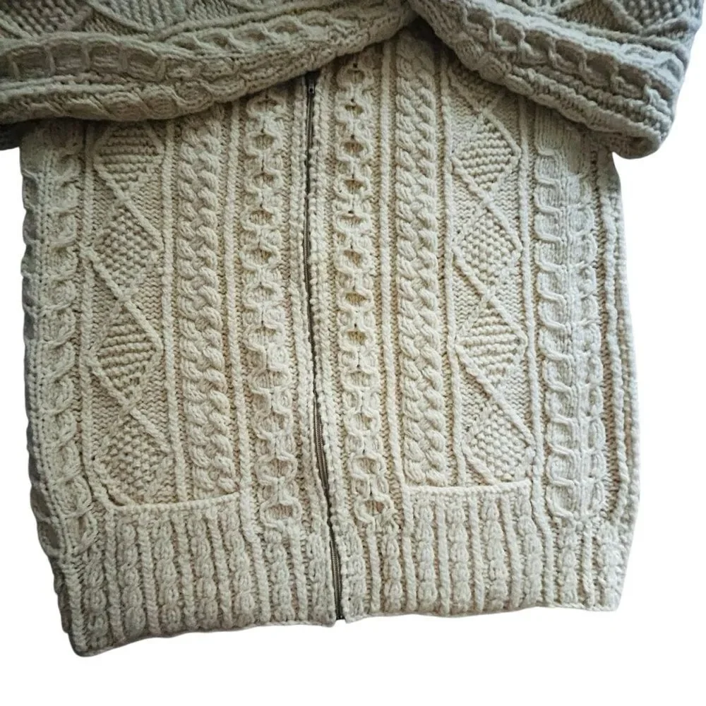 Loch Garman Ireland Fisherman Sweater Ivory Wool cardigan Full Zip L Unisex Aran